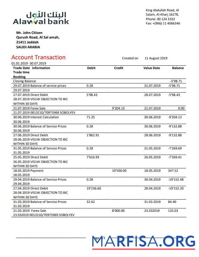 Printable Saudi Arabia Alawwal bank statement word real example